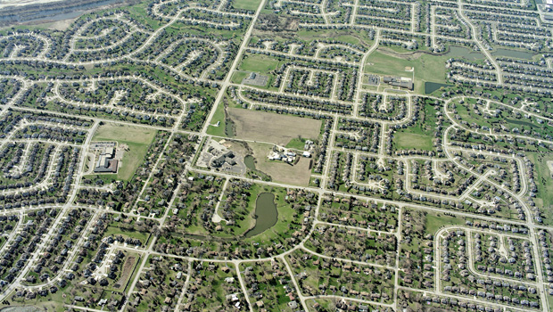 This is a bird's eye view image of a suburban city grid
