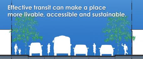This is a graphic of vehicles on a road with the caption "Effective transit can make a place more livable, accessible and sustainable."