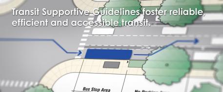 This is an image of traffic grid rendering, with the caption "Transit Supportive Guidelines foster reliable, efficient and accessible transit."