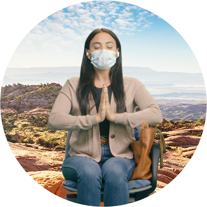 Image of a female envisioning meditating outdoors while riding the bus