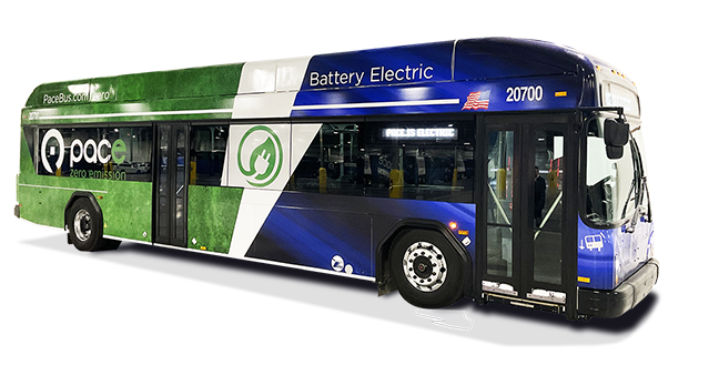 Image of a Pace electric bus with a white background