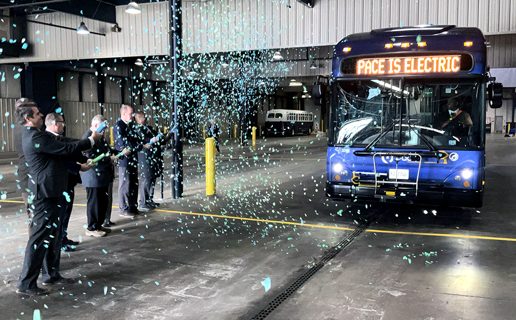 Image of inaugural electric bus launch with confetti send off
