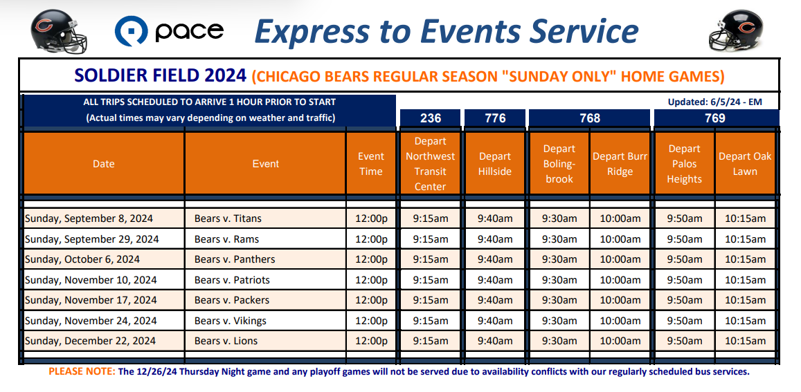 Image of the Soldier Field Express 2024 Schedule (Chicago Bears Sunday Regular Season Home Games)
