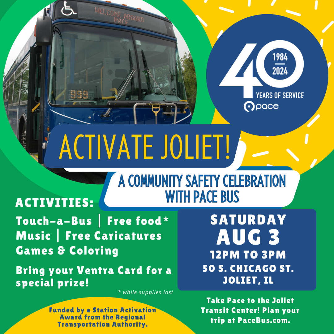A graphic including information about Activate Joliet, a free community safety celebration on August 3, 2024, from 12pm-3pm at 50 S. Chicago St. in Joliet. 