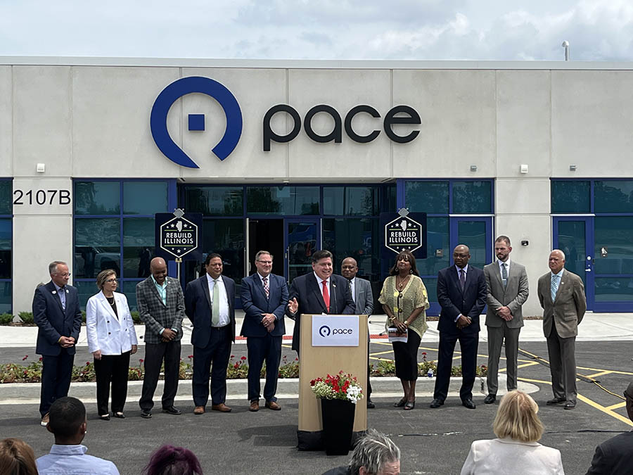 Governor JB Pritzker speaks to guests at grand opening of Pace’s new facility in Markham, IL