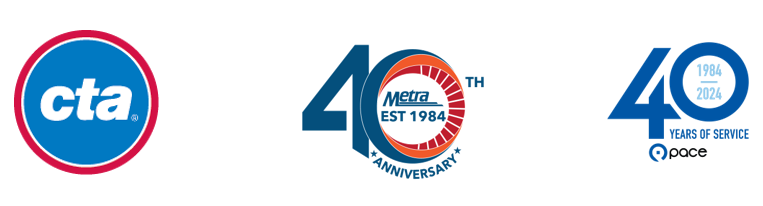 Logos for CTA, Metra, and Pace. The Pace and Metra logos are their special 40th anniversary logos. 