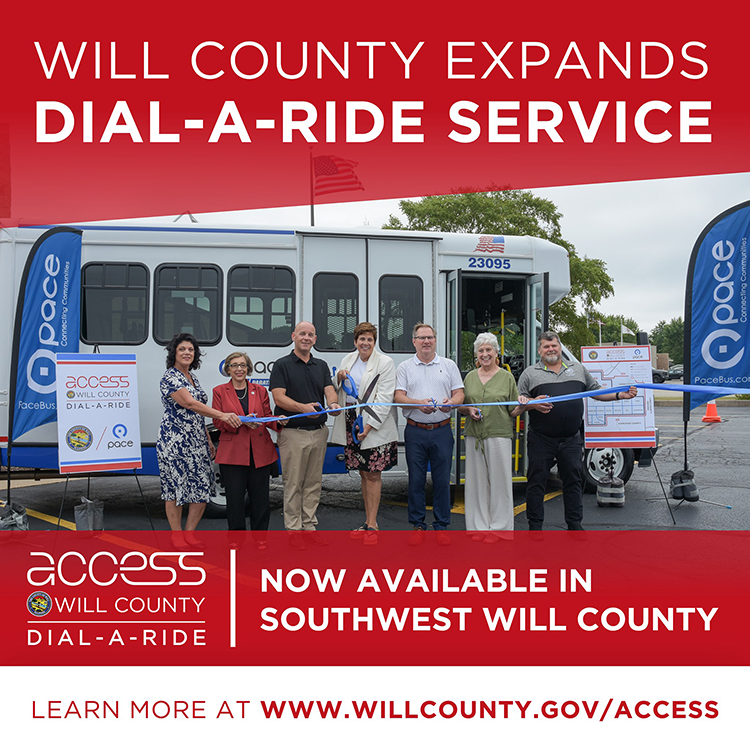 A square graphic with a red background and white copy at the top that reads "WILL COUNTY EXPANDS DIAL-A-RIDE SERVICE." A picture in the middle of the graphic includes Will County and Pace officials in from of a dial-a-ride bus. At the bottom is an Access Will County Dial-a-Ride logo next to the sentence, "NOW AVAILBLE IN SOUTHWEST WILL COUNTY."