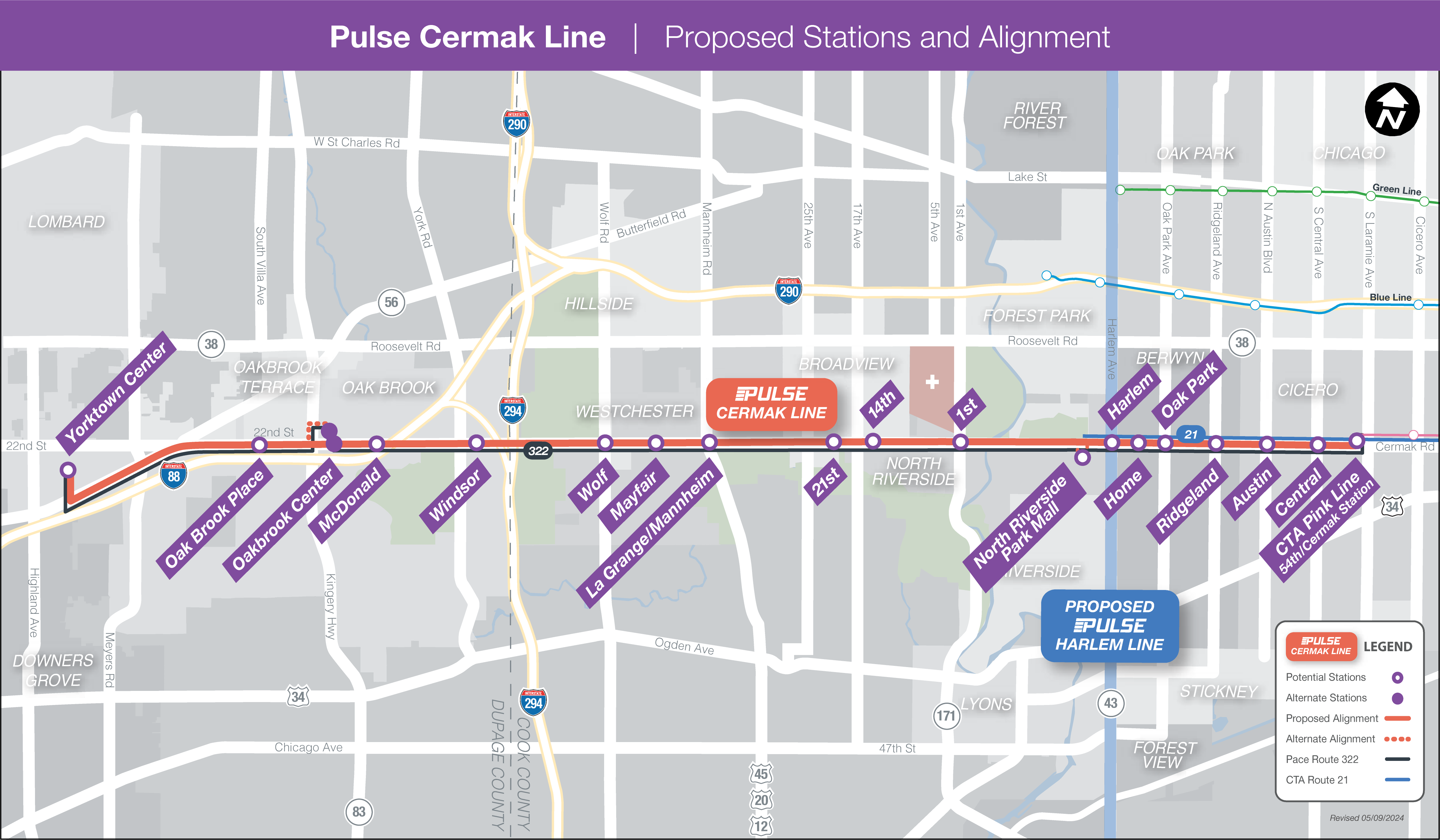 map of proposed Pulse Cermak Line, showing station locations