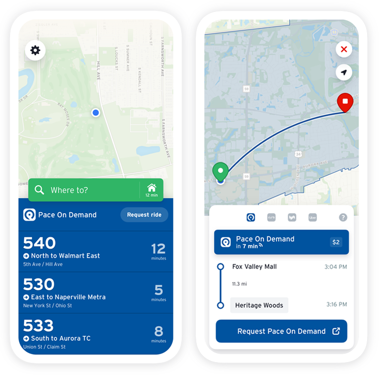 Images of phone screens displaying Pace On Demand service in the Transit app