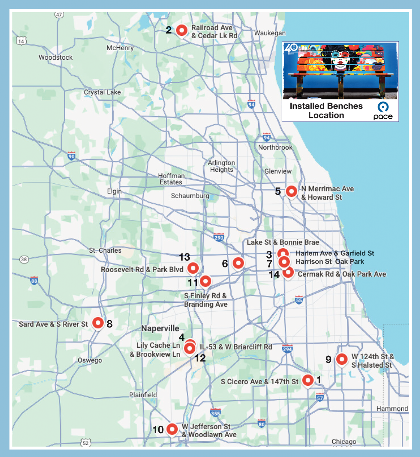 Image of Pace's 40th year anniversary bench locations map 