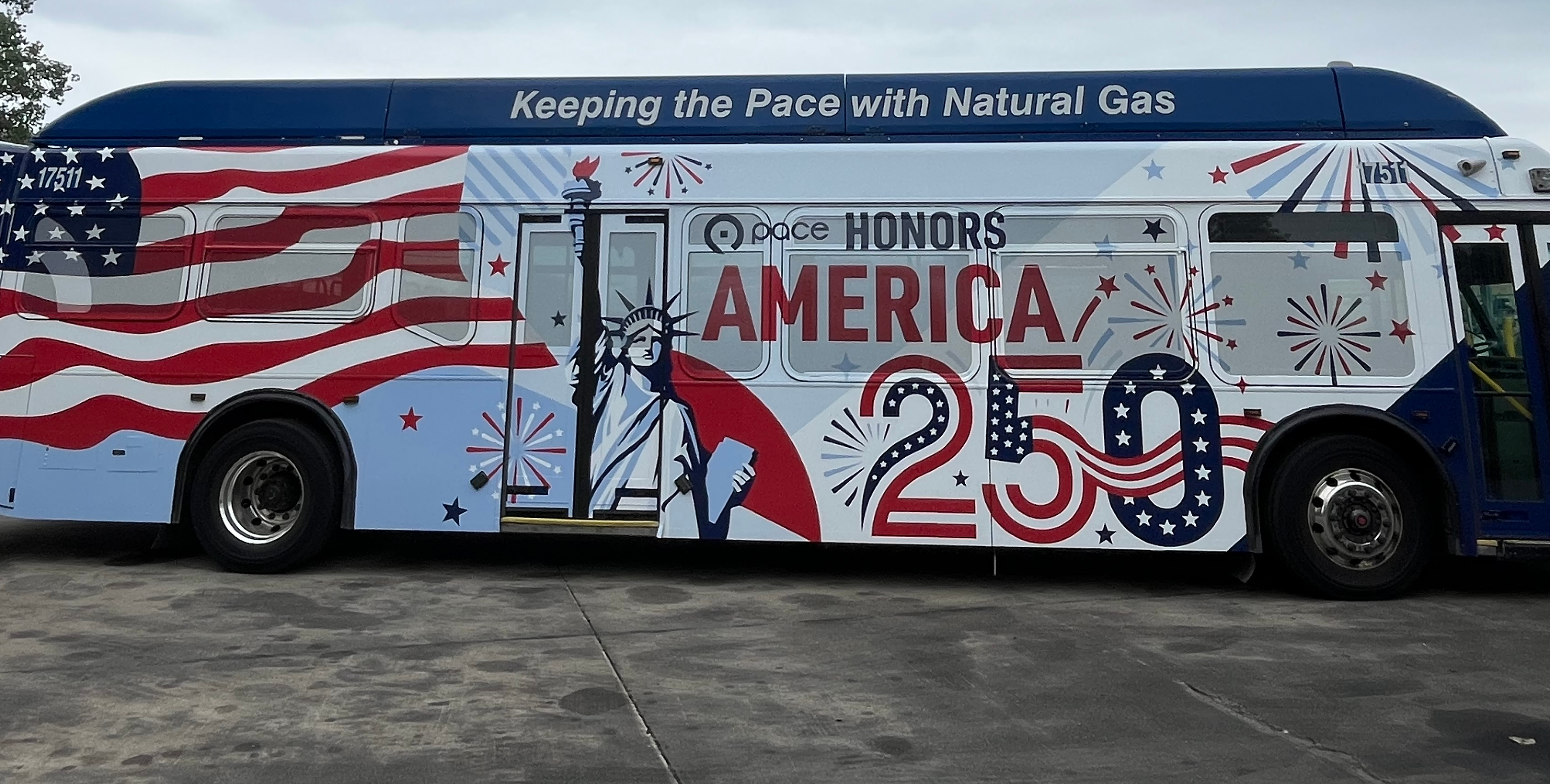 a bus with an american flag and the words "pace honors america 250" on it