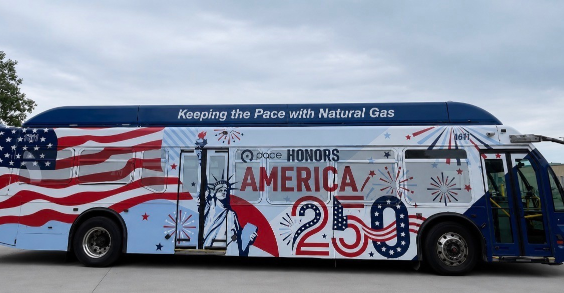a bus with an american flag and the words "pace honors america 250" on it